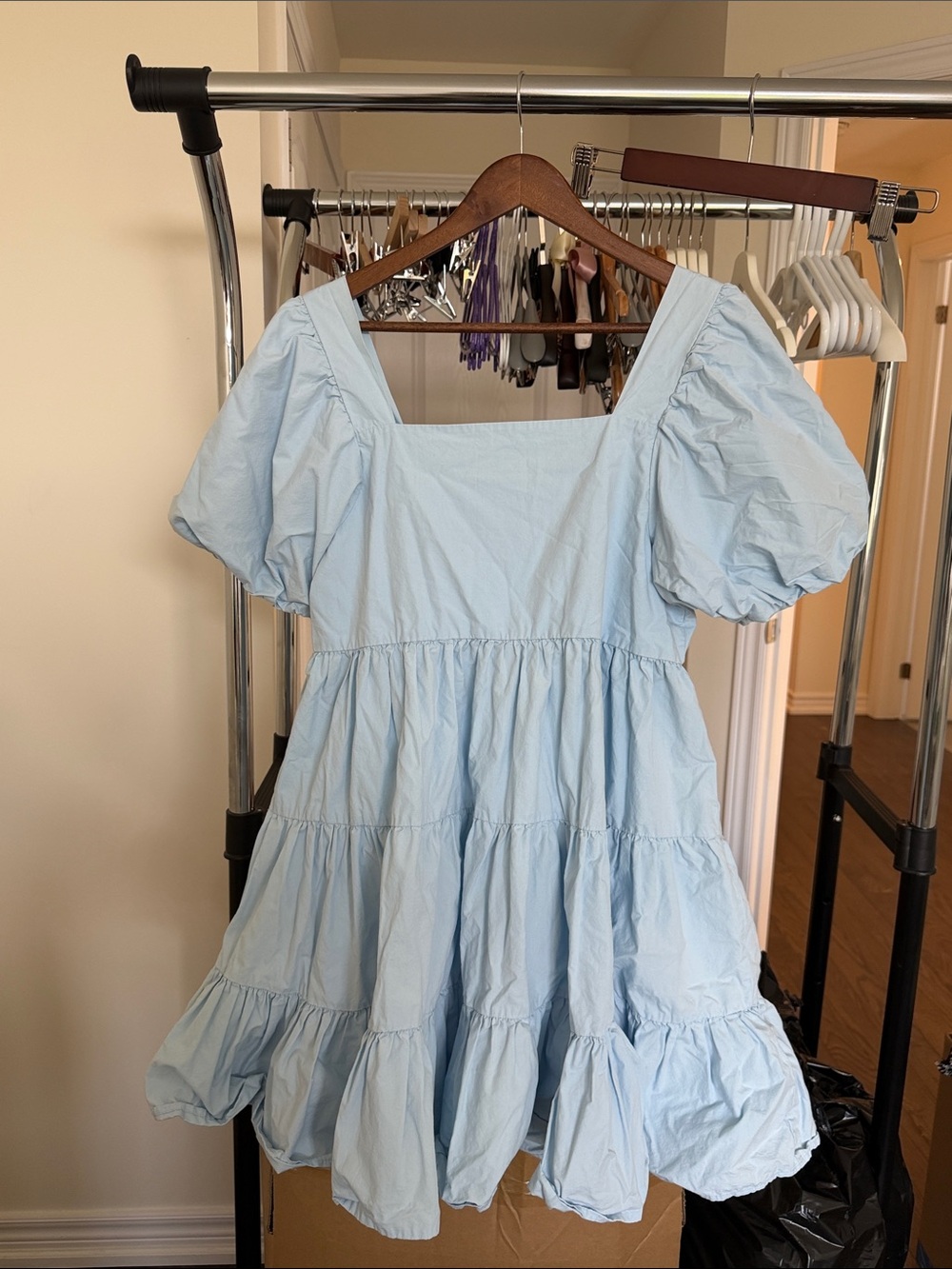 OAK + FORT Light Blue Puff Sleeve Tiered Mini Dress